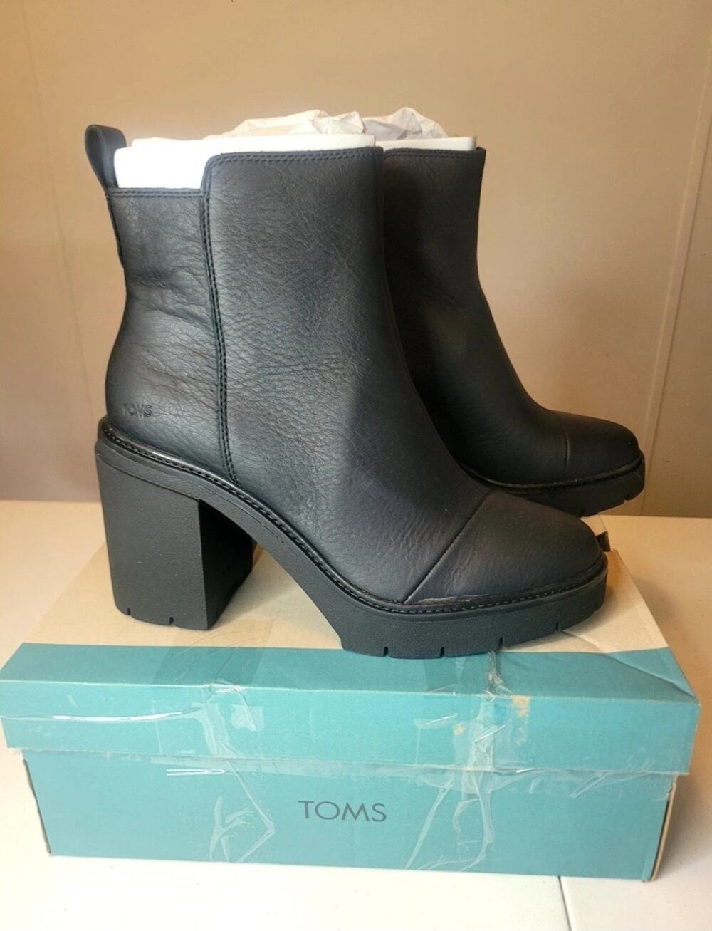 TOMS RYA Black Leather Block Heel Platform Booties 10020256 Boots Size 10